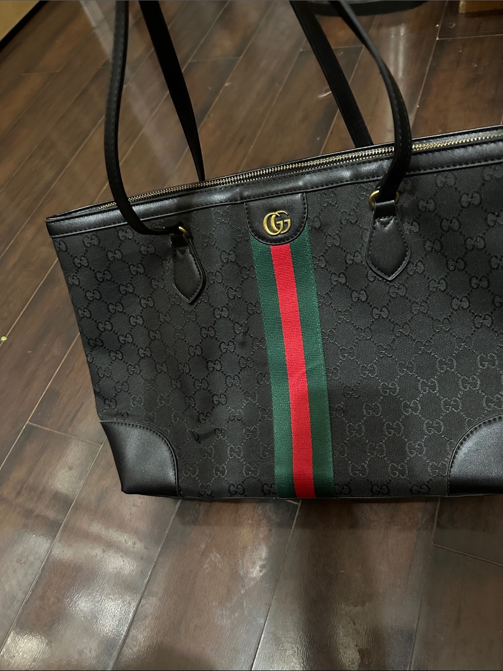 Black Supreme Canvas Tote with Green & Red Web Stripe